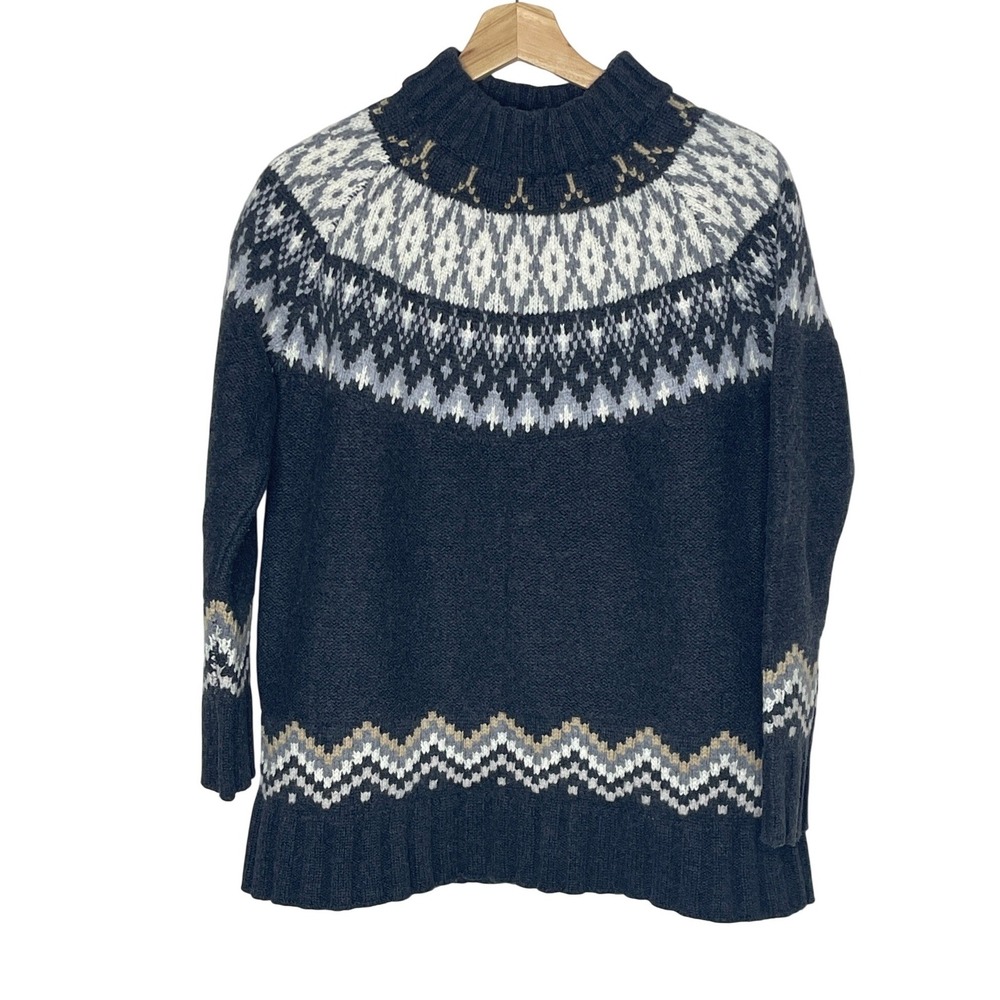 Tuckernuck Womens 100% Wool Fair Isle Mock Neck Sweater Charcoal Grey Size M